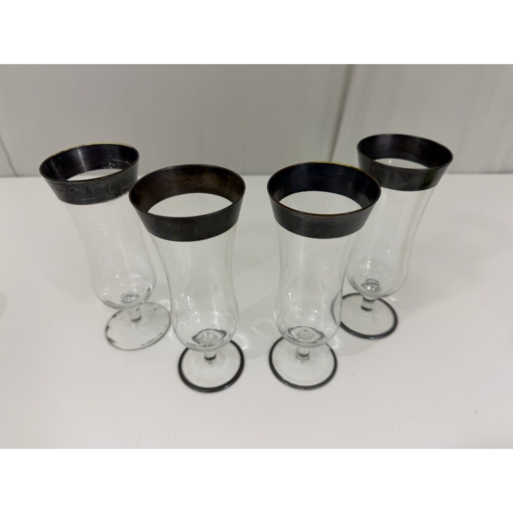 Vintage Parfait Champagne Flutes 4 Glasses Gold/Silver Rim Classic MCM Style